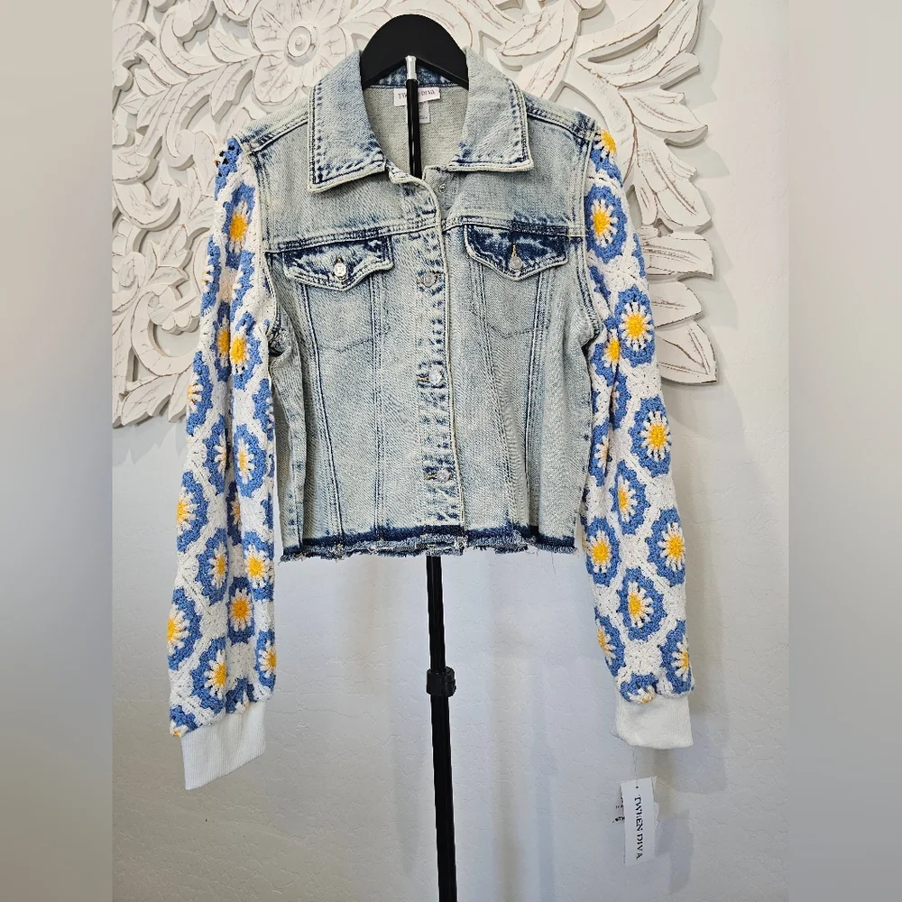 Tween Diva Girls' Blue Denim Jacket with Floral Crochet Knit Sleeves Size 16 NWT